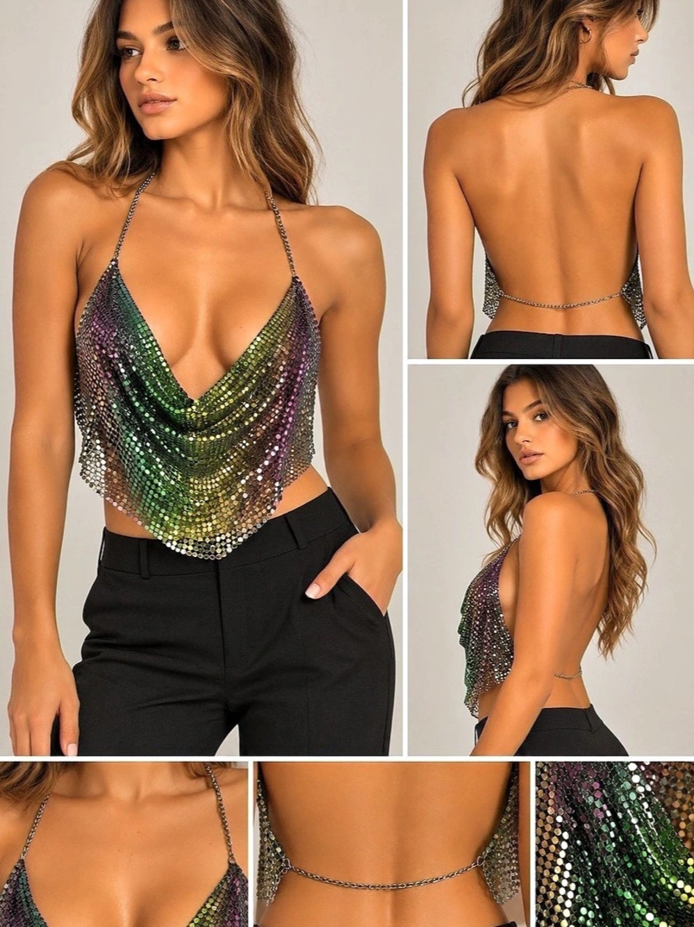 Chainmail Draped Camisole in Green & Purple Like New